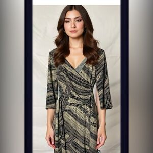 G AND CO WOMENS SIZE 4 WRAP STYLE BODYCON DRESS‎ VNECK BLACK WHITE MIDI SEXY